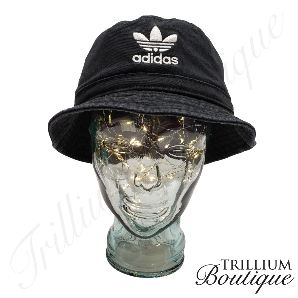 ADIDAS Unisex Originals Washed Bucket Leaf Hat Black / White Logo OSFA - Picture 2 of 6